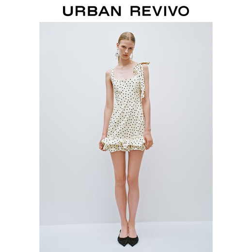 UR2025 summer new women's French polka dot slim lace-up ruffled dress UWG750165 beige print M