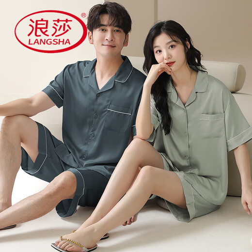 浪莎（LangSha）情侣睡衣夏季冰丝短袖睡裙2025新款感男女家居服套装 FT#16802女16602男-NS M 女款