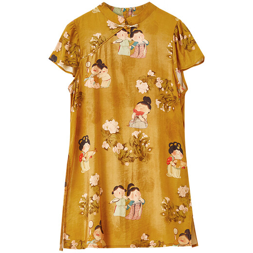 Shangdubila Chinese style stand-up collar button short-sleeved thin shirt for women in summer new Chinese printed slit shirt gentle top