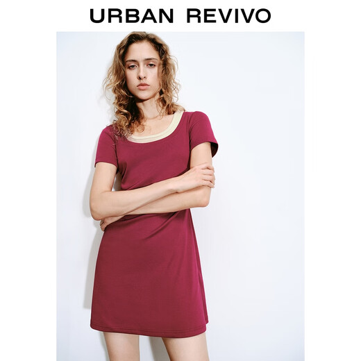 Ur [HOT] 2025 Summer NUEVA Mujer el vestido falso de dos piezas de dos piezas contrastante UYV750060 BURGUNDY M