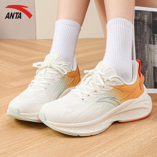 ANTA Stinger 5丨Women's Shoes Sports Shoes Women's Autumn and Winter New Leather Water-Repellent Shock-absorbing Running Shoes Warm Running Shoes Ivory White/Peach Orange 38
