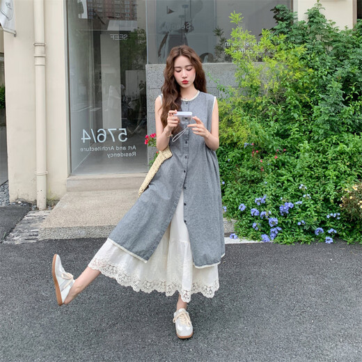 拉夏贝尔（La Chapelle）氛围感背心连衣裙套装女夏季巨好看大方得体蕾丝花边阔腿裤两件套 灰色两件套 S （建议105斤以内）