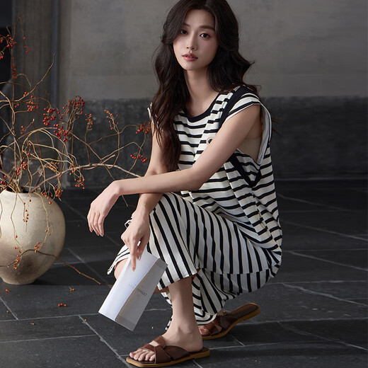 莫代尔莫代尔睡衣女夏季2025年新款带胸垫睡裙可外穿薄款条纹休闲家居服 5024 XL 女
