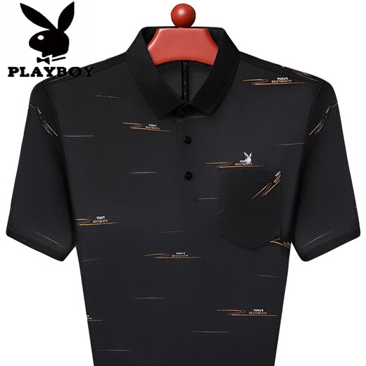 花花公子（PLAYBOY）夏季冰丝短袖t恤中年男士高端翻领POLO.衫薄款仿桑蚕丝爸爸装T 719黑色 L 170建议110-130斤