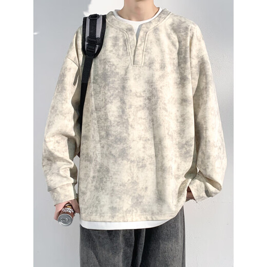 Pull-back sweatshirt for men, spring and autumn holiday two-piece long-sleeved top, American Henry collar bottoming shirt, retro casual jacket, black XL, height 170-180, weight 130-145