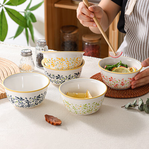 Four seasons prosperous bamboo hat bowl household ceramic eating underglaze color rice bowl set prosperous 4.5 inch bowl 4 pieces 4 colors