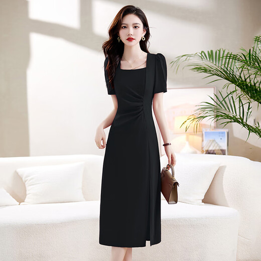 Ehangy International High-Dee Light Luxury Robe Women's Summer 2025 Nouveau style Celebrity Slim Slit Slit Jirt noir [Boîte-cadeau haut de gamme] XL