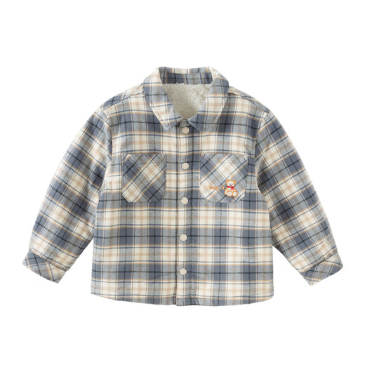 DAVE&BELLA children's shirt autumn and winter new boys' plaid shirt baby boy's velvet coat children's long-sleeved top blue and gray plaid in stock 120 cm (recommended height 110-120cm)