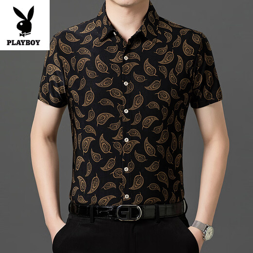 Playboy (PLAYBOY) 2025 Printed Shirt Men's Short Sleeve Top Summer Thin Casual Half Sleeve Shirt Jacket Men's Inch Shirt 9898 [Short Sleeve] 3XL (185)