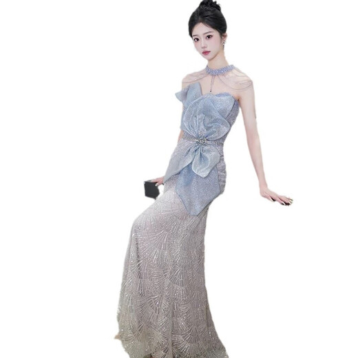 Mermaid evening dress for women 2025 new style high-end atmosphere niche French annual meeting host evening dress gray blue M 85Jin Jin is equal to 0.5kg -90Jin Jin is equal to 0.5kg. Card code to shoot large
