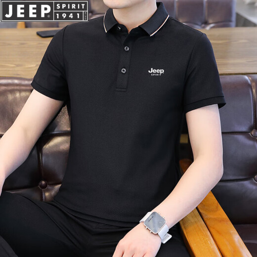 JEEP SPIRIT吉普短袖T恤男半袖上衣POLO男士新款夏季休闲商务中青年条纹半截 6636黑色 L -(115斤-130斤)