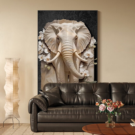 CLCEY French cream style entrance door front door decoration painting elephant relief mural living room sofa background wall hanging painting Xianglu Shuangrui B model 80*12035mm aluminum alloy frame + tempered transparent crystal