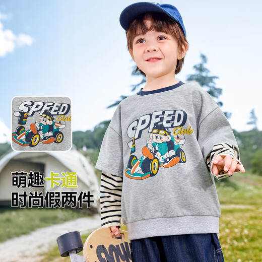 
Dudu Home [Cute Print] Children's Sweater Autumn Fake Two-Piece Boy Top Medium Large Children's Autumn Clothes Girl's Pullover Clothes Hemp Gray 120