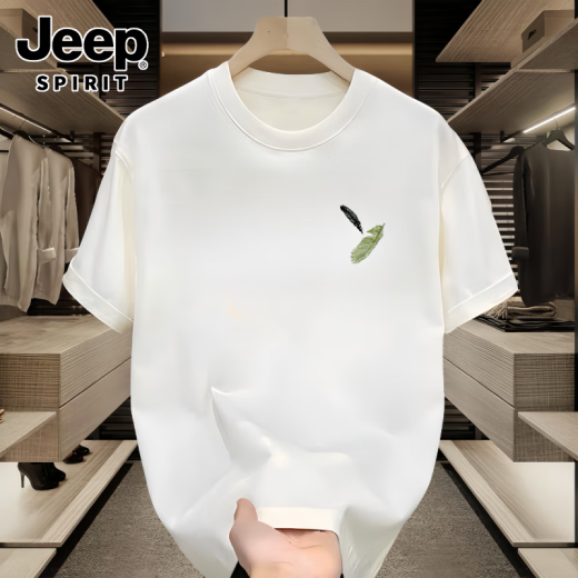吉普（JEEP）男士短袖t恤夏季薄款宽松休闲印花半袖衣服男款重磅纯棉体恤 白色前左侧小图K1098 两片小羽毛 L 建议120-140斤