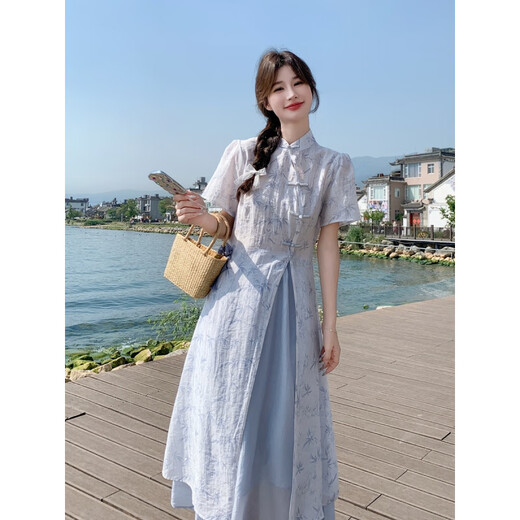 Yi Qilei [1105 Personen sammeln] Hellblau National Style Printed Dress Anzug für Sommer Frauen 2025 Neue Chinesische Version VISERUNG ZWEI SET M empfohlen, 91-105jin zu tragen [Jin ist 0,5 kg]
