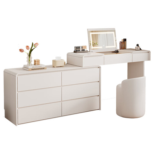 Shuchuan Cream Style Dressing Table Flip Drawer Cabinet Integrated Dressing Table Bedroom Retractable Bedside Storage Cabinet Solid Wood Dressing Table Cream White Flip Cover Dressing Table + Six Drawer Cabinet + Cat Claw Chair ENF Level Door-to-Door Package Installation