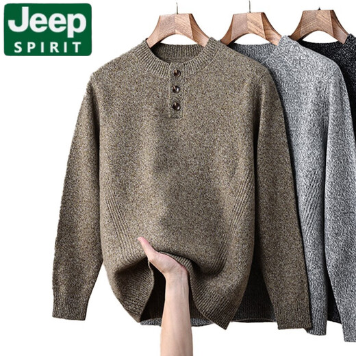JEEP SPIRIT Wool Sweater Men's 2025 Autumn and Winter New Henley Collar Warm and Versatile Casual Bottoming Sweater Men's Sand Brown XL 180/96A(115)
