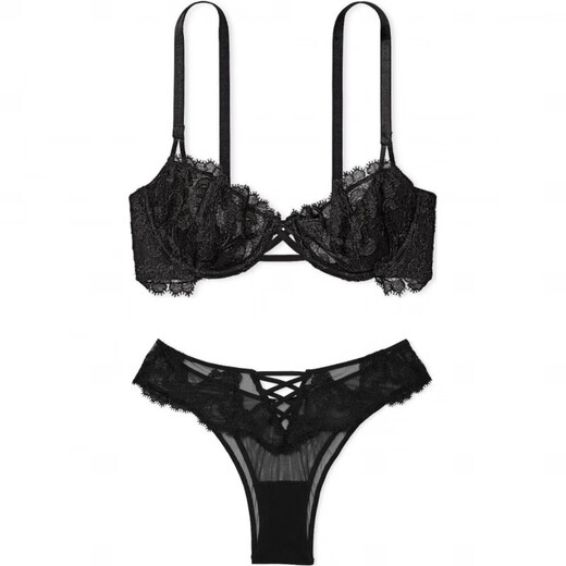 维多利亚的秘密（Victoria's Secret）维密舒适V型纯色文胸低腰三角简约内裤内衣裤套装女款黑色 套装(黑色) XS 32C+(70C+XS)