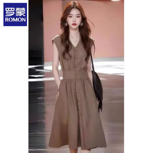 罗蒙V领无袖衬衫连衣裙女今年流行裙子感气质法式超好看收腰 收腰裙子感 3XL 建议140-160斤