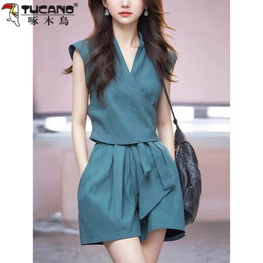 Woodpecker (TUCANO) cotton niche vest shorts goddess suit 2025 summer new style dignified fashion age-reducing two-piece set 5247 blue L [Suggested 105-115Jin [Jin equals 0.5 kg]]