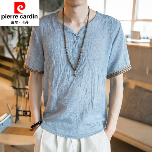 Pierre Cardin T-shirt en lin brodé pour hommes chinois de style chinois pour hommes à manches courtes à manches courtes de grande taille et en lin 686 noir 3xl noir 3xl