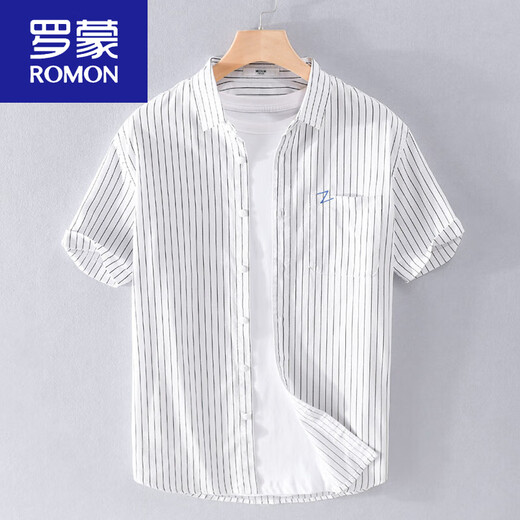 ROMON men's striped short-sleeved shirt summer loose thin clothes 2025 embroidered casual versatile shirt summer clothing new product 9721 white M Jin [Jin equals 0.5 kg]
