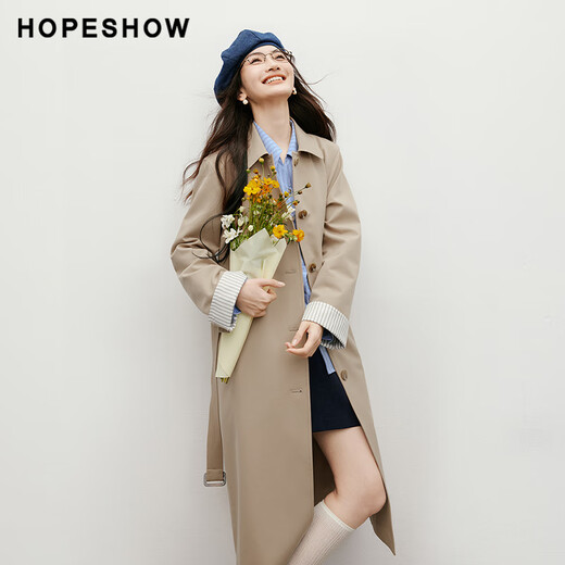 Red Sleeve (hopeshow) Red Sleeve Windbreaker British Style Women's Lapel Loose Slender Long Jacket Khaki M