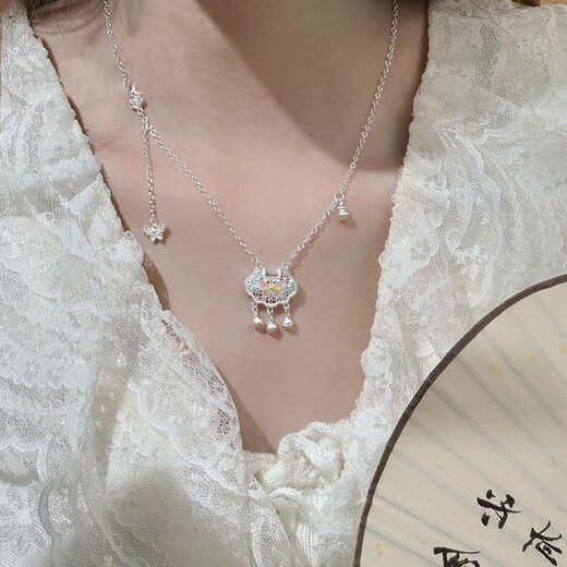 VTLS999 sterling silver necklace women's foot silver safety lock enamel pendant Christmas and Valentine's Day gift for girlfriend S999 sterling silver necklace bow gift box + engraving