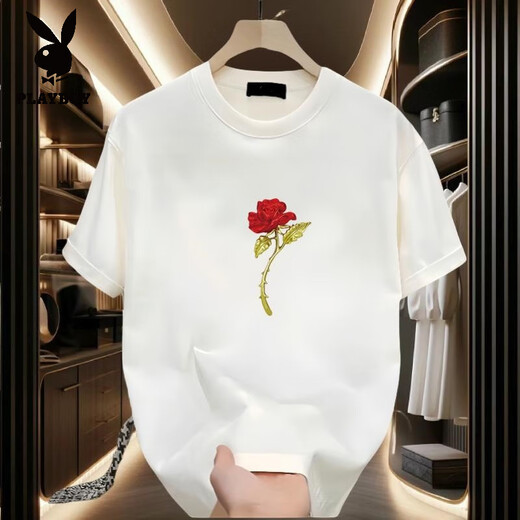 花花公子（PLAYBOY）不一样情侣装夏装t恤2025新款夏季超火网红纯棉特别的短袖上衣男 黑色【前大图K1049 单朵红玫瑰花 S 建议90-100斤