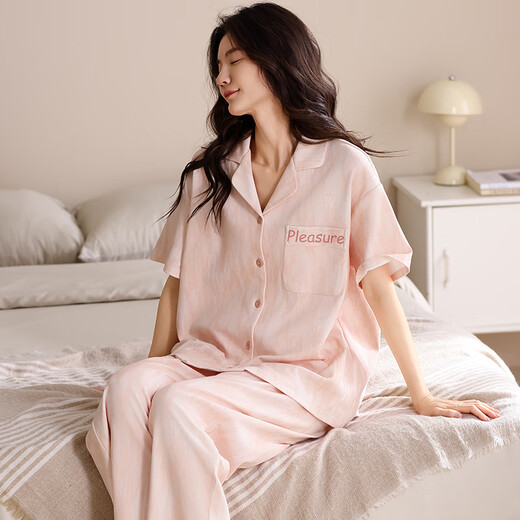 浪莎（LangSha）睡衣女夏季2025新款纯棉短袖三件套可外穿家居服套装 蜜桃粉 3件套 L 建议10-120斤