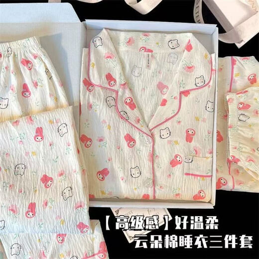 Yalu pijama de tres piezas para mujeres en pantalones cortos de manga corta de verano pantalones de dibujos animados lindos set de dos piezas de algodón de algodón de algodón de algodón de nube 9918# nube de algodón m