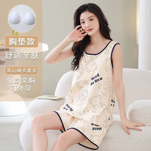 Jianman comes with chest pad vest shorts pajamas for women in summer loose large-size sleeveless two-piece home clothing fashion suit FY9856 M Recommended 80-100Jin [Jin equals 0.5 kg]