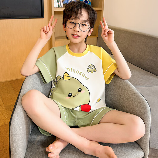EMBERLOVE2025新款男童夏季睡衣套装纯棉短袖短裤薄款青少年男孩儿童家居服 K6626【双短】 160 M码，155-160cm