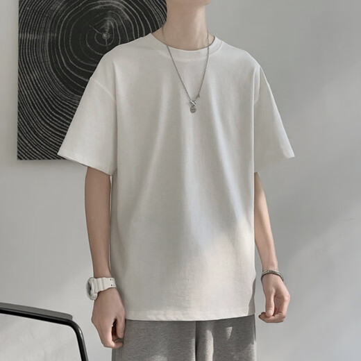 With pure YISHION trendy American short-sleeved T-shirt for men in summer pure cotton round neck versatile casual 2025 new fashion brand loose Hong Kong style T-shirt white-1365 short-sleeved-pure cotton S [recommended 80-110Jin [Jin equals 0.5 kg]]