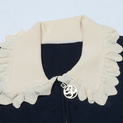 
FHHUABD Women's 2025 Autumn and Winter New Solid Color Lace Cuffs Slim Doll Collar Mid-length Knitted Dress Thick 16837 Navy Blue L