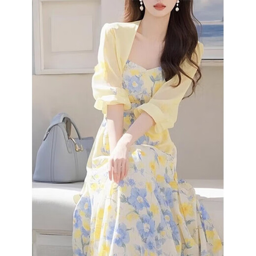 Clothing Yuan floral dress for women 2025 summer new French temperament beach vacation beach skirt cardigan dopamine wear cardigan + suspender skirt (two-piece set) L (105-115Jin[Jin equals 0.5 kg])