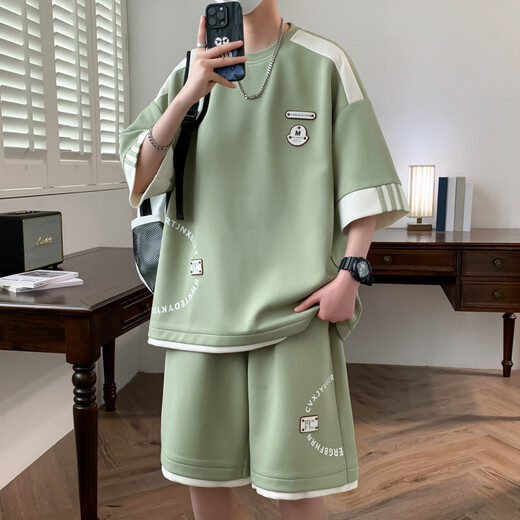 NJSKAKW夏季休闲运动套装男2024新款短袖短裤男士一套搭配帅气青少年衣服 691【套装】绿色 3XL 【150-165斤左右】