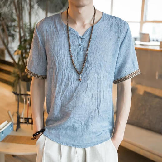 左斯客中国风男装刺绣T恤男短袖宽松大码薄款休闲盘扣复古棉麻上 686米白色 XL 130斤内