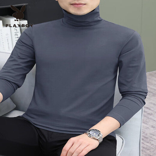 Playboy non-pilling turtleneck bottoming shirt men's pure cotton white long-sleeved T-shirt men's trendy slim-fitting mid-collar clothing inner wear M400 blue gray M Recommendation 85 to 100Jin Jin is equal to 0.5 kg