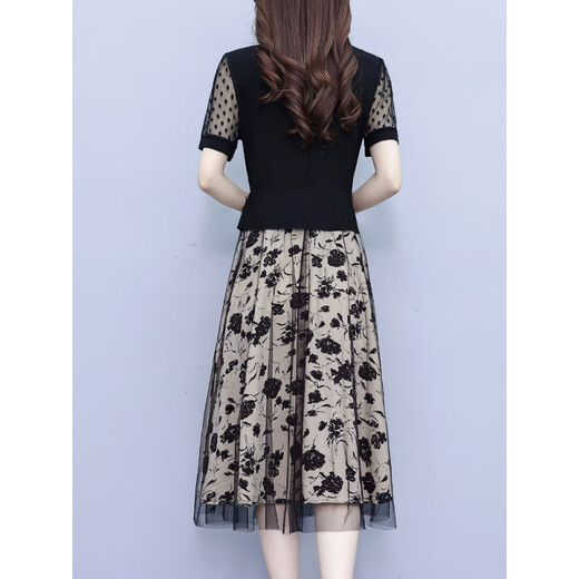 
Hengyuanxiang middle-aged mother summer dress Lady's summer 2025 new fashionable and stylish temperament fake two-piece dress black - 7371 L (110Jin [Jin equals 0.5 kg] or less)