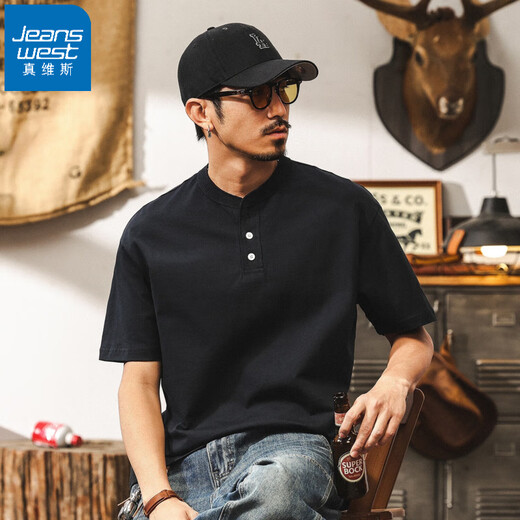 Jeanswest American retro 300g heavy henley collar short-sleeved men's summer loose cotton T-shirt trendy men's Polo shirt blue 4XL suitable for 200-220Jin Jin equals 0.5 kg