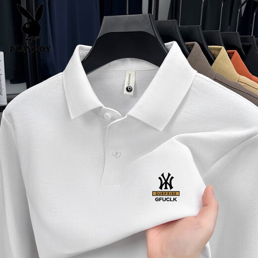 Playboy (PLAYBOY) high-end 100% cotton long-sleeved T-shirt men's spring and autumn sweatshirt men's 2025 new daddy round neck top bottoming shirt dark gray NY 2XL 150-165Jin Jin equals 0.5 kg to wear