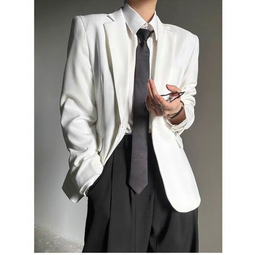 An Chuxia white high-end right shoulder suit for men ins relaxed neutral style handsome minimalist suit jacket for men and women three-piece white suit + white shirt + white trousers black L