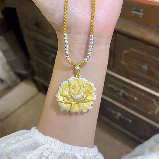 Laohuangxiang genuine pure silver 999 gold peony pendant Chinese style women's Chinese double-sided braided rope sterling silver necklace