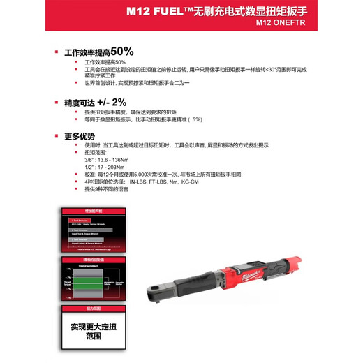 Milwaukee Milwaukee digital display torque wrench auto repair tool electronic torque M12ONEFTR38 torque range 14-136Nm