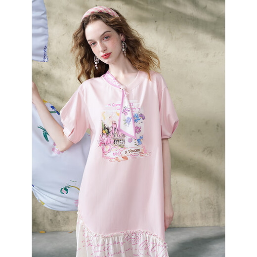 Two and Three Things Ziyuan Sweet Township 2025 Summer New Small Fresh Tie Printed T-shirt Skirt Loose Dress Pink M