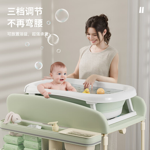 优乐博尿布台婴儿护理台宝宝洗澡台换尿布可移动可折叠婴儿床 经典雅灰【标准款】置物篮+一键