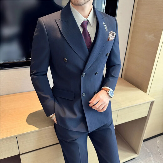 FZPT light luxury trendy brand suit suit for men 2025 autumn and winter new business casual fashion slim striped double-breasted suit medium gray suit + pants + vest 3XL recommended 150-160Jin Jin equals 0.5 kg