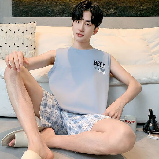 雅鹿睡衣男士夏季纯棉薄2025新款背心短裤男款家居服套装大码无袖夏天 OMM-13063 L
