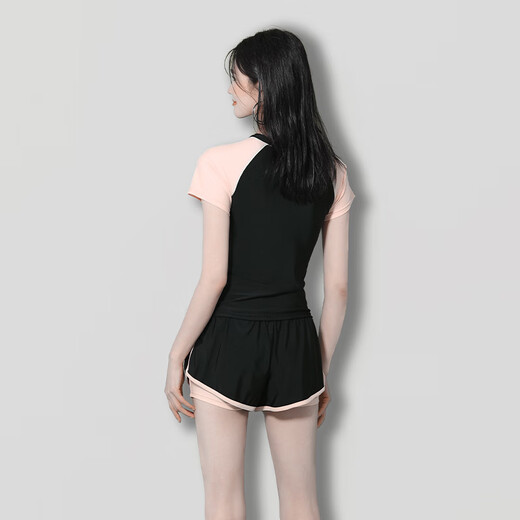 Lugeli swimsuit women's hot spring belly swimsuit split suit short-sleeved sun protection sexy slimming professional swimsuit outside wearing pink and black split swimsuit single size [Suggested 70-120Jin [Jin equals 0.5 kg]]
